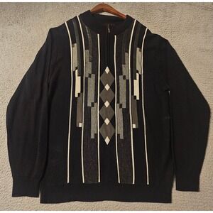 Miko Mens XL Quarter Zip Sweater Black Geometric Wool Blend Faux Leather Trim
